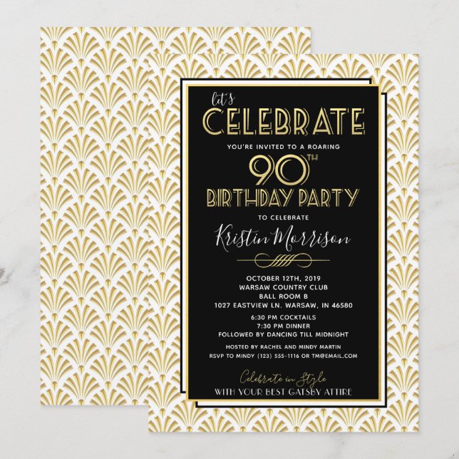 90th Birthday Art Deco Gatsby Roaring 20s Birthday Invitation (Front/Back)