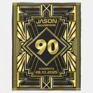 90th Birthday Art Deco Gold Black Great Gatsby Fleece Blanket