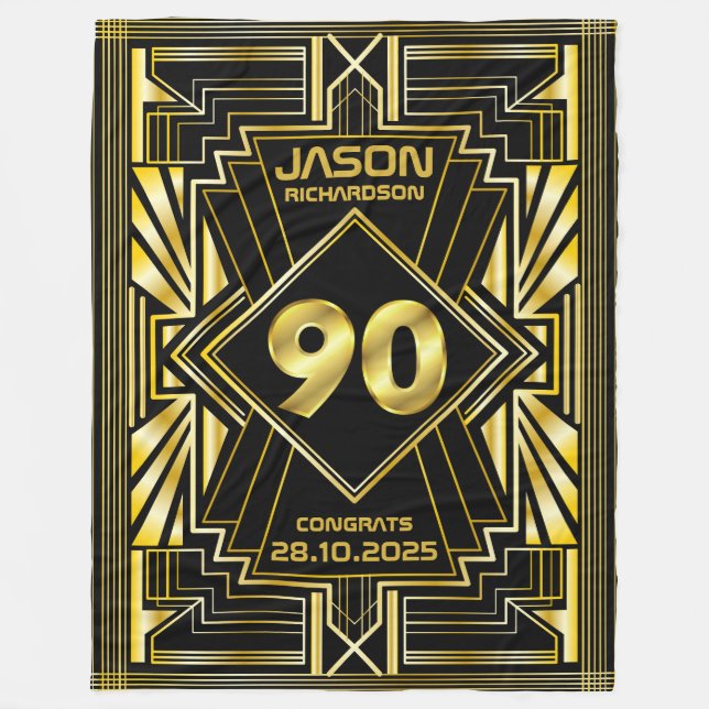 90th Birthday Art Deco Gold Black Great Gatsby Fleece Blanket (Front)