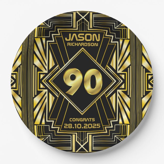 90th Birthday Art Deco Gold Black Great Gatsby Paper Plate (Front)