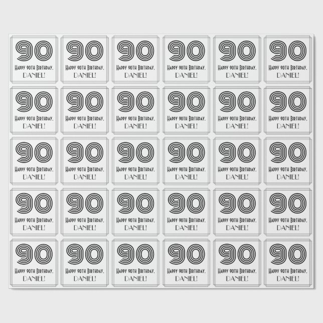 90th Birthday: Art Deco Inspired Style "90" + Name Wrapping Paper (Flat)