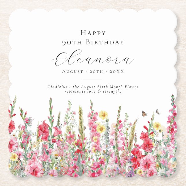 90th Birthday August Birth Flower Custom Paper Coaster (Front)