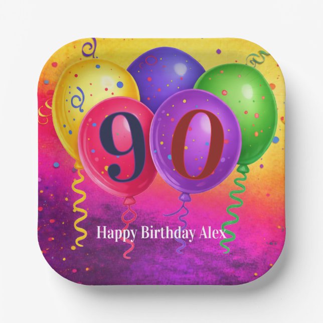 90th Birthday Balloon Confetti Party Paper Plate (Front)