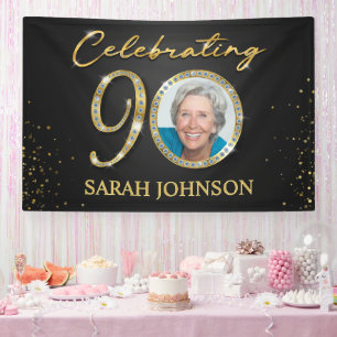 90th Birthday Banner, Black Gold Custom Photo  Banner