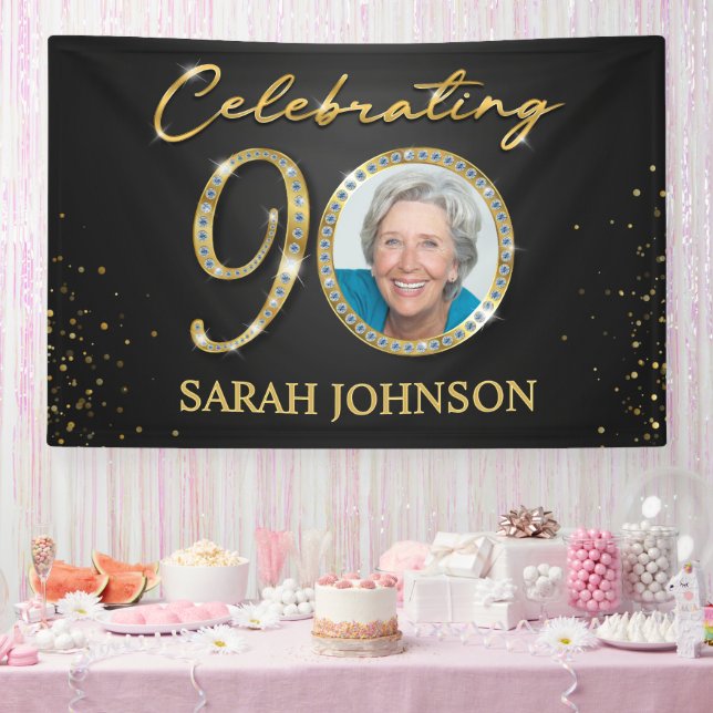 90th Birthday Banner, Black Gold Custom Photo  Banner (Party)