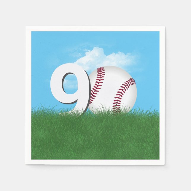90th Birthday Baseball In Green Grass Napkin (Front)