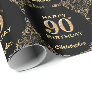 90th Birthday Black and Gold Glitter Frame Wrapping Paper