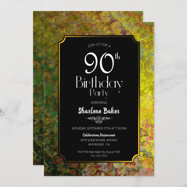 90th Birthday Black and Gold Invitation (Front/Back)