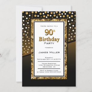 90th Birthday Black and Gold Invitation