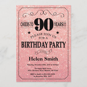 90th Birthday Black and Pink Rose Gold Glitter Invitation
