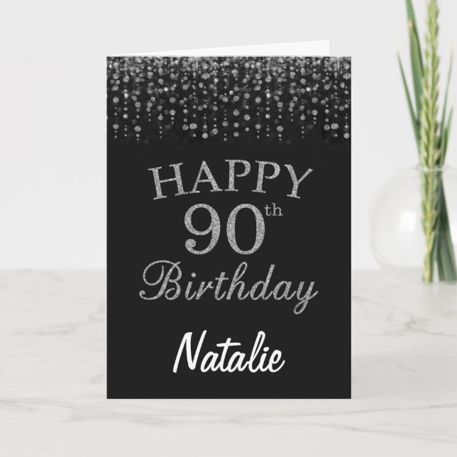 90th Birthday Black and Silver Glitter Card (Front)