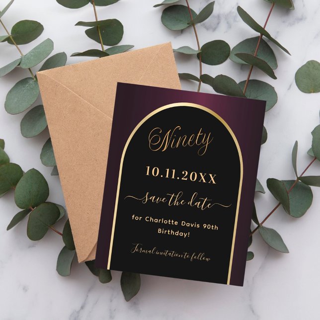 90th birthday black burgundy budget save the date flyer (Creator Uploaded)