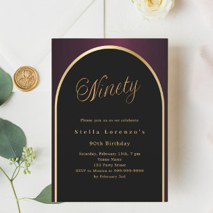 90th birthday black burgundy gold arch luxury invitation