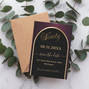 90th birthday black burgundy gold arch save the date