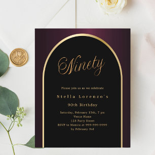 90th birthday black burgundy gold invitation