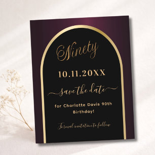 90th birthday black burgundy save the date card
