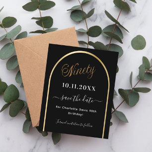 90th birthday black gold arch budget save the date flyer