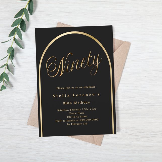 90th birthday black gold arch elegant script invitation (Creator Uploaded)
