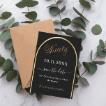 90th birthday black gold arch save the date<br><div class="desc">A Save the Date card for a 90th birthday party.  A black background,  decorated with a faux gold arch. Personalise and add a date and your name. The text: Ninety and Save the Date is written with a large trendy hand lettered style script.</div>