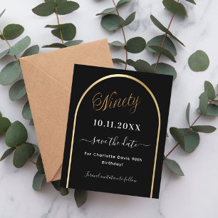 90th birthday black gold arch save the date card
