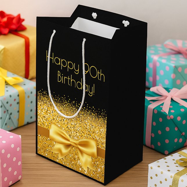 90th birthday black gold bow sparkle medium gift bag (Creator Uploaded)
