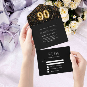 90th birthday black gold confetti rsvp all in one invitation