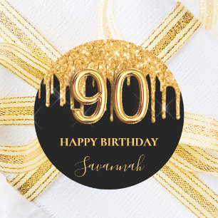 90th birthday black gold glitter balloon party classic round sticker