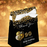 90th birthday black gold glitter leopard thank you favour box<br><div class="desc">A black background,  decorated with balloons and faux gold glitter dust. Number 90 is written with a trendy balloon style font,  leopard pattern.  Personalise and add a name and a date. 90th birthday and Thank You written with a modern hand lettered style script.</div>