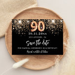 90th birthday black gold glitter save the date announcement postcard<br><div class="desc">A girly and trendy Save the Date for a 90th birthday party. A black background decorated with faux gold glitter. Personalise and add a date and name,  text.   The text: Save the Date is written with a large trendy hand lettered style script.</div>