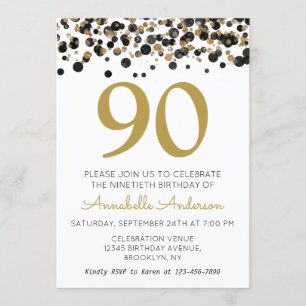 90th Birthday Black Gold Glitter Sparkle Confetti Invitation