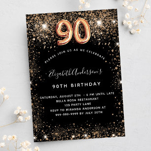 90th birthday black gold glitter sparkles invitation