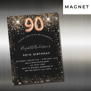 90th birthday black gold glitter sparkles luxury magnetic invitation