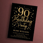 90th Birthday Black Gold Invitation<br><div class="desc">90th birthday party invitation in black and gold. Trendy modern design,  perfect for a stylish men's or women's bday celebration. Features script font and confetti. Customise with your own details. Printed Zazzle invitations or instant download digital printable template.</div>