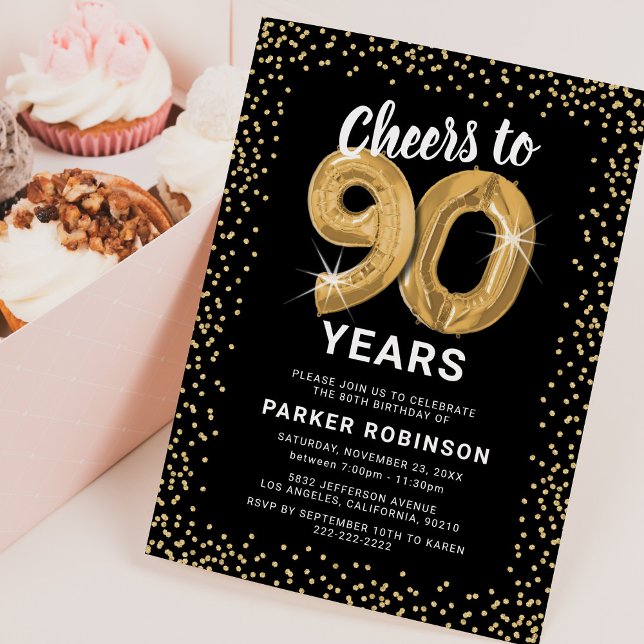90th Birthday Black Gold Invitation (Creator Uploaded)