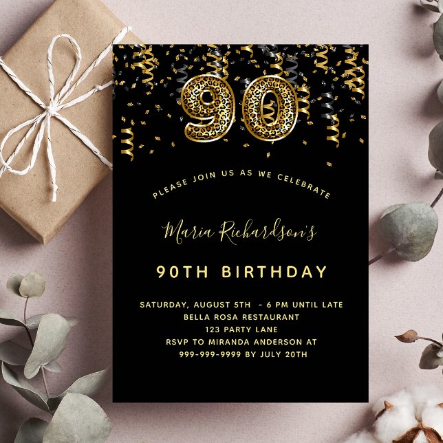 90th birthday black gold leopard print confetti invitation (Creator Uploaded)