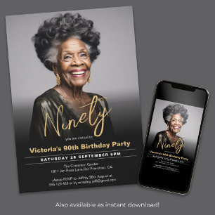 90th Birthday Black Gold Minimal Modern Photo Invitation