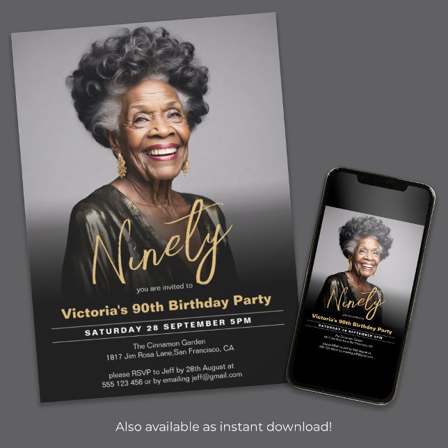 90th Birthday Black Gold Minimal Modern Photo Invitation (90th Birthday Black Gold Minimal Modern Photo Invitation)