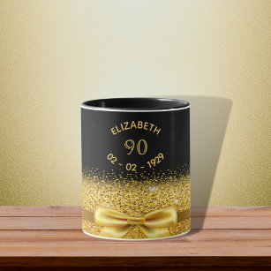 90th birthday black gold name classic elegant bow mug