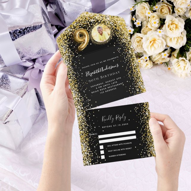 90th birthday black gold photo rsvp all in one invitation (Creator Uploaded)
