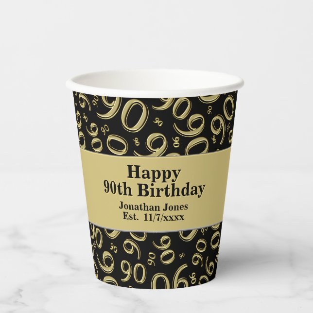 90th Birthday Black/Gold Random Number Pattern 90 Paper Cups (Front)