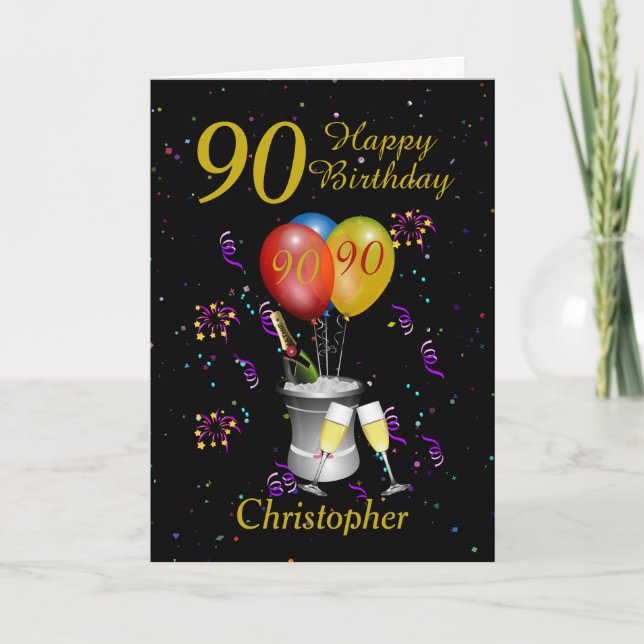 90th Birthday Black Gold Sparkling Wine Card (Front)