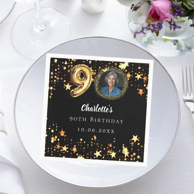 90th birthday black gold stars photo napkin (Creator Uploaded)