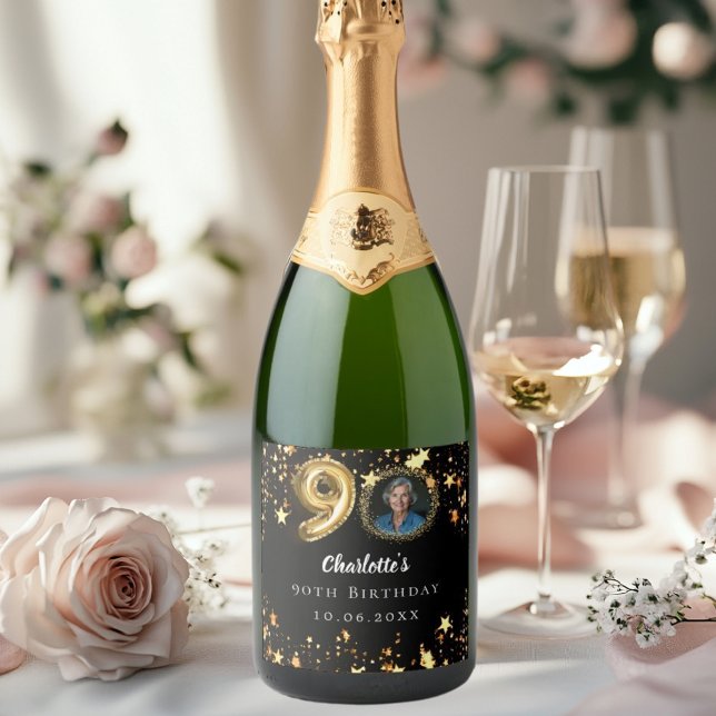 90th birthday black gold stars photo sparkling wine label (Creator Uploaded)