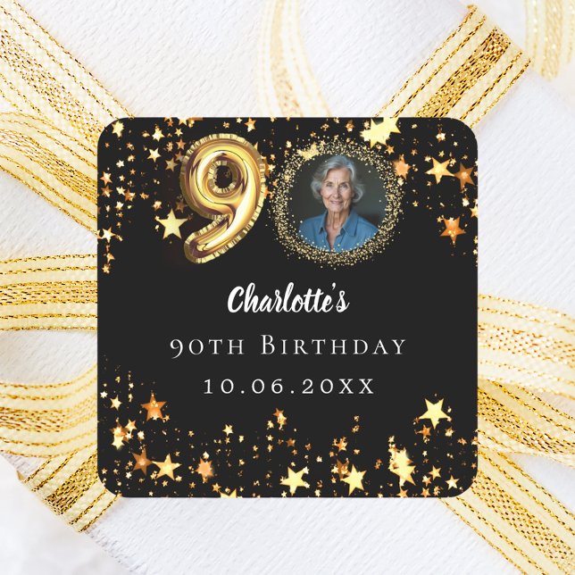 90th birthday black gold stars photo square sticker (Creator Uploaded)