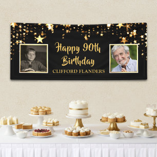 90th Birthday Black Gold Stars Photos Personalised Banner