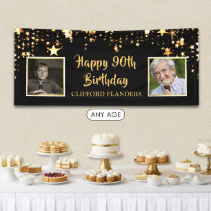 90th Birthday Black Gold Stars Photos Personalised Banner