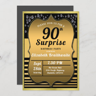 90th Birthday Black Gold Surprise Party Invitation