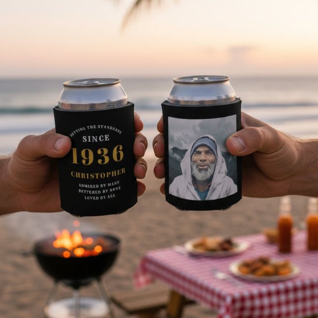 90th Birthday Black Gold With Photo Can Cooler (1936 can coolers with beach background)