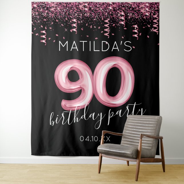 90th Birthday Black Pink Photo Backdrop Tapestry (In Situ)