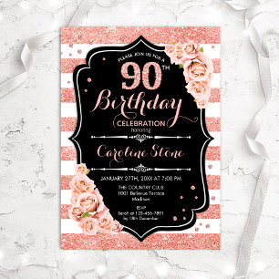 90th Birthday Black Rose Gold and White Stripes Invitation